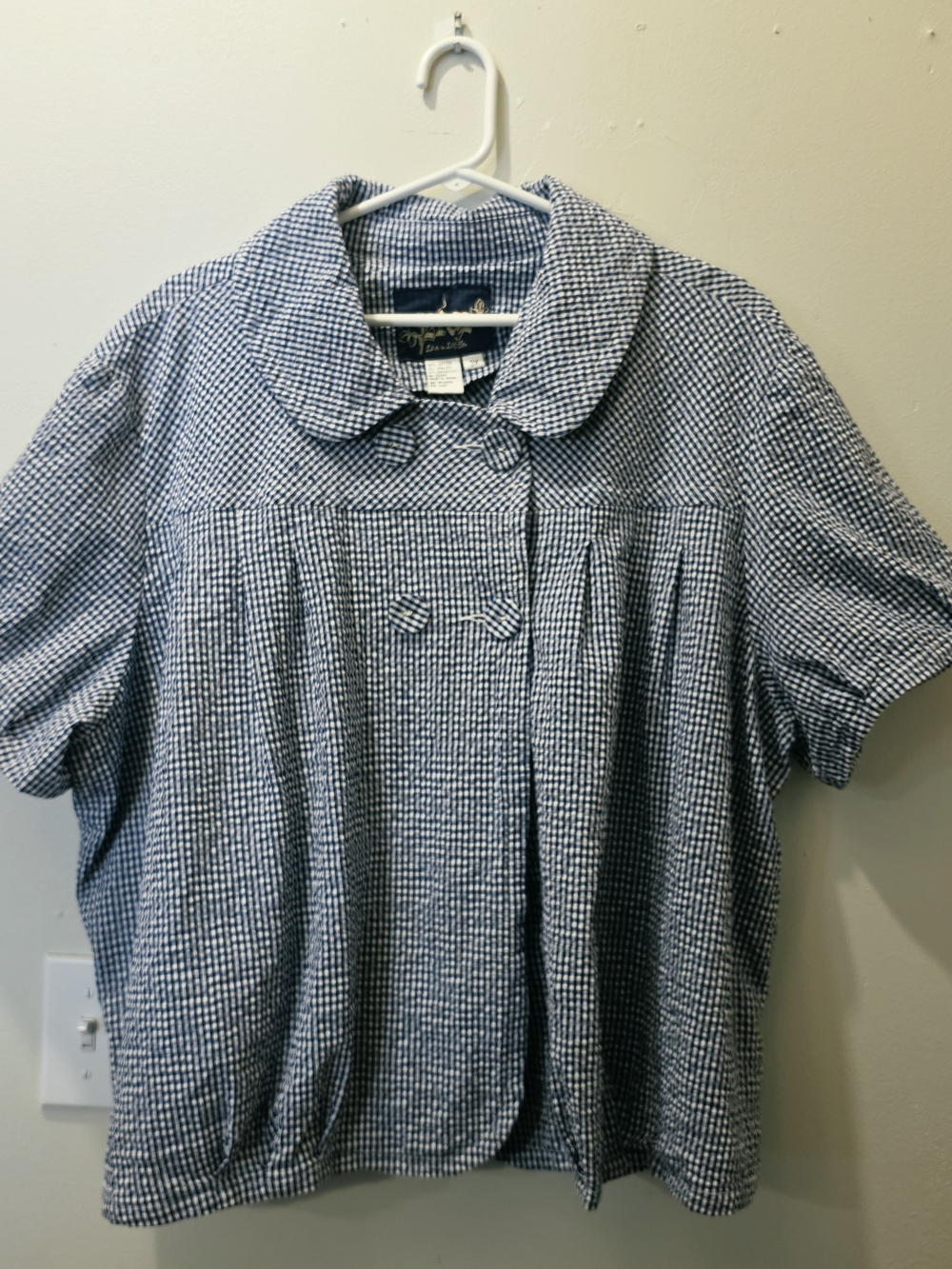 Blue White Gingham Short Sleeve Collar Cotton Blouse 3XL Cottagecore Spring